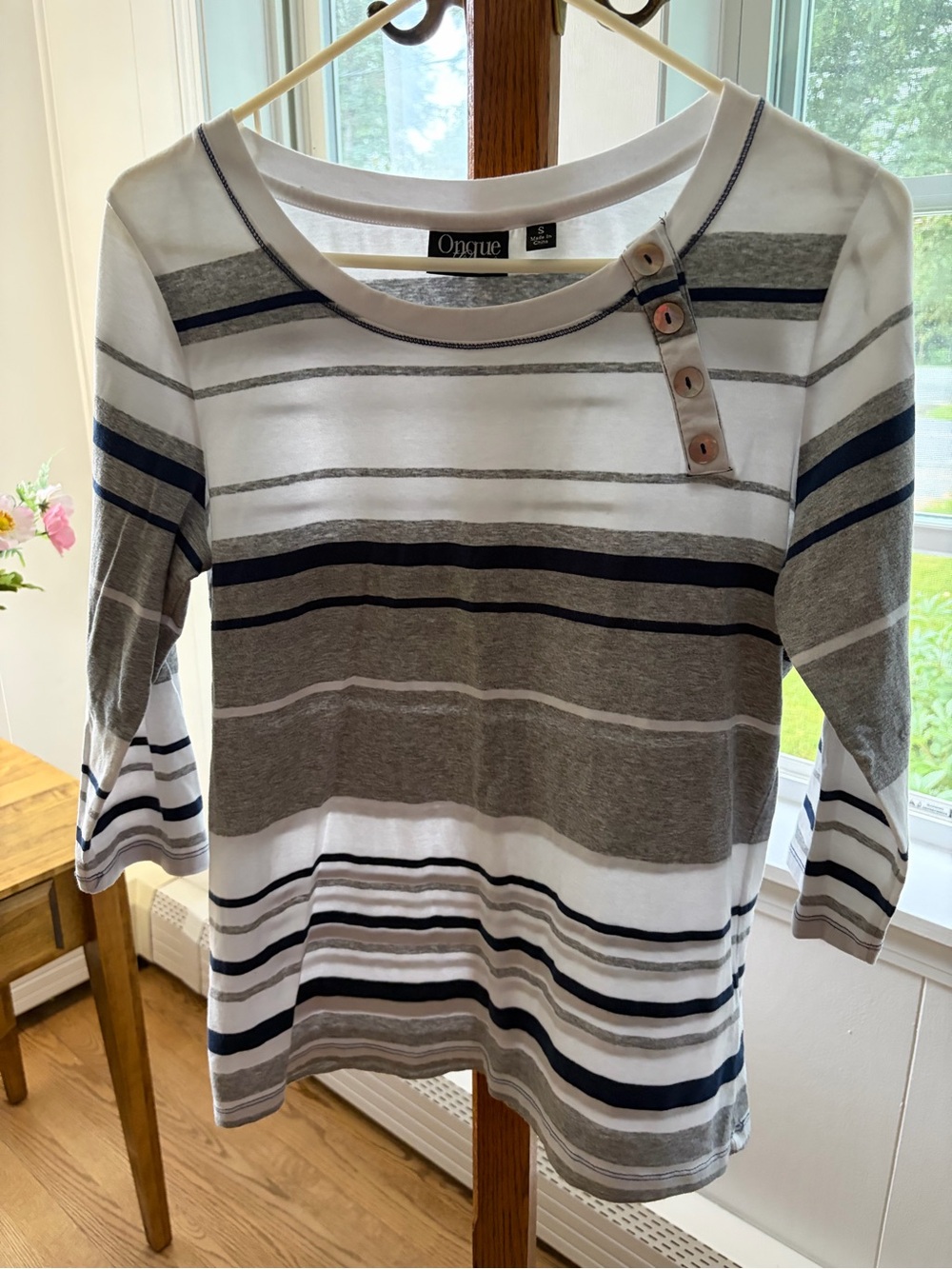Onque Casuals White, Gray, Navy Striped Boatneck Top